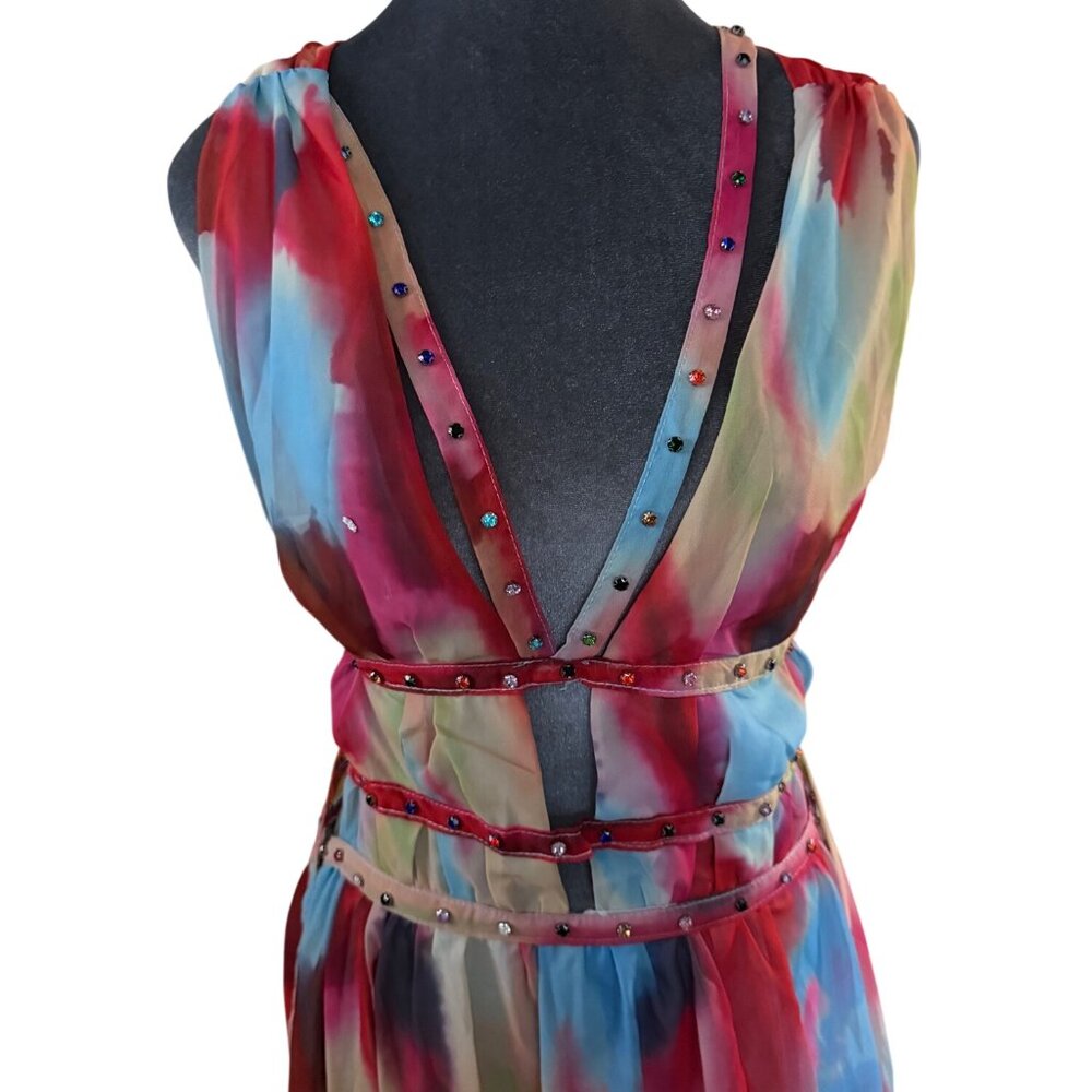 Multicolor Sleeveless Maxi Dress With Rhinestone Straps & High Slit - Picture 4 of 7
